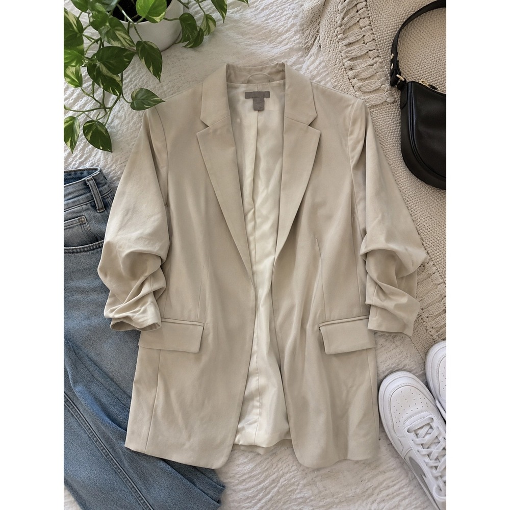 H&M Womens Beige Ruched 3/4 Sleeve Open Front Blazer Jacket Tan Small